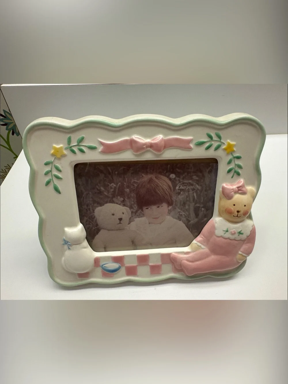 Vintage Ceramic Pink and White Bunny Picture Frame